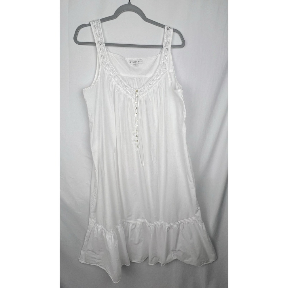 Eileen West Nightgown Women L White 100% Cotton Lace Trim Sleeveless Button Long
